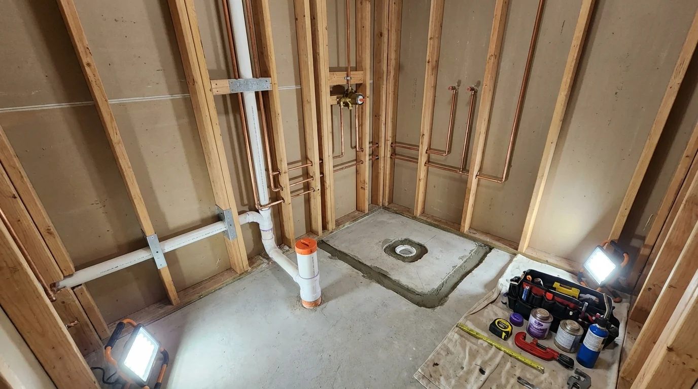 Bathroom rough-in plumbing during remodel by Johns Plumbing LLC in Homewood