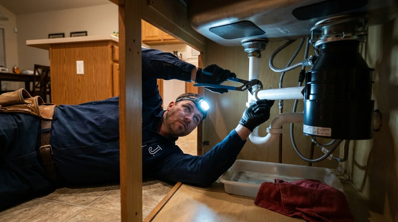 P-trap and supply line connections under a kitchen sink showing a common leak point in Homewood, IL